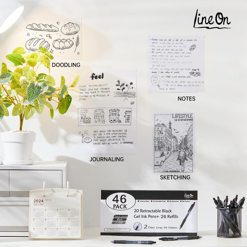 Lineon 46 Pack Black Gel Ink Pens (20 Gel Pens with 26 Refills) Medium Point Retractable Writing Smooth Writing with Comfortable Grip for Office School - Image 4